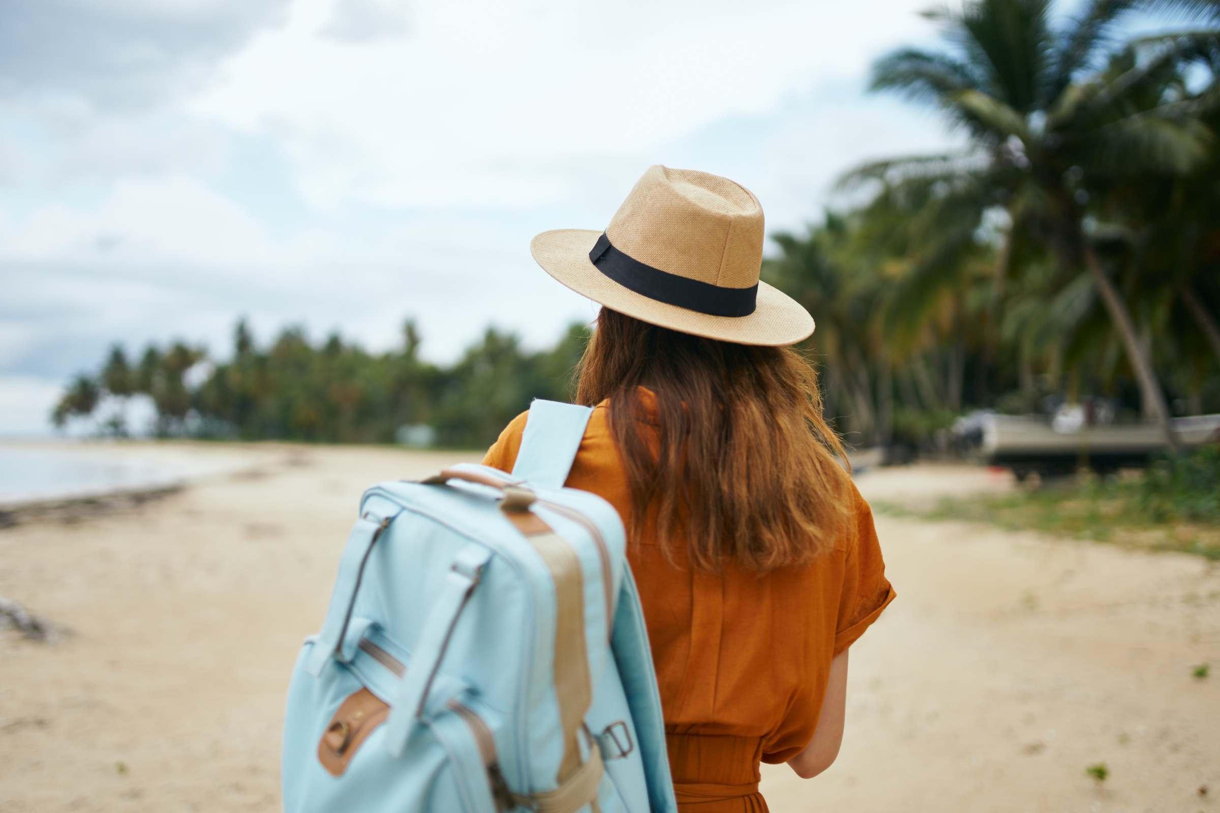 Woman Hiker Backpack Beach Travel Landscape Vacation